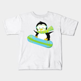 Cute Penguin, Penguin With Scarf, Snowboarding Kids T-Shirt